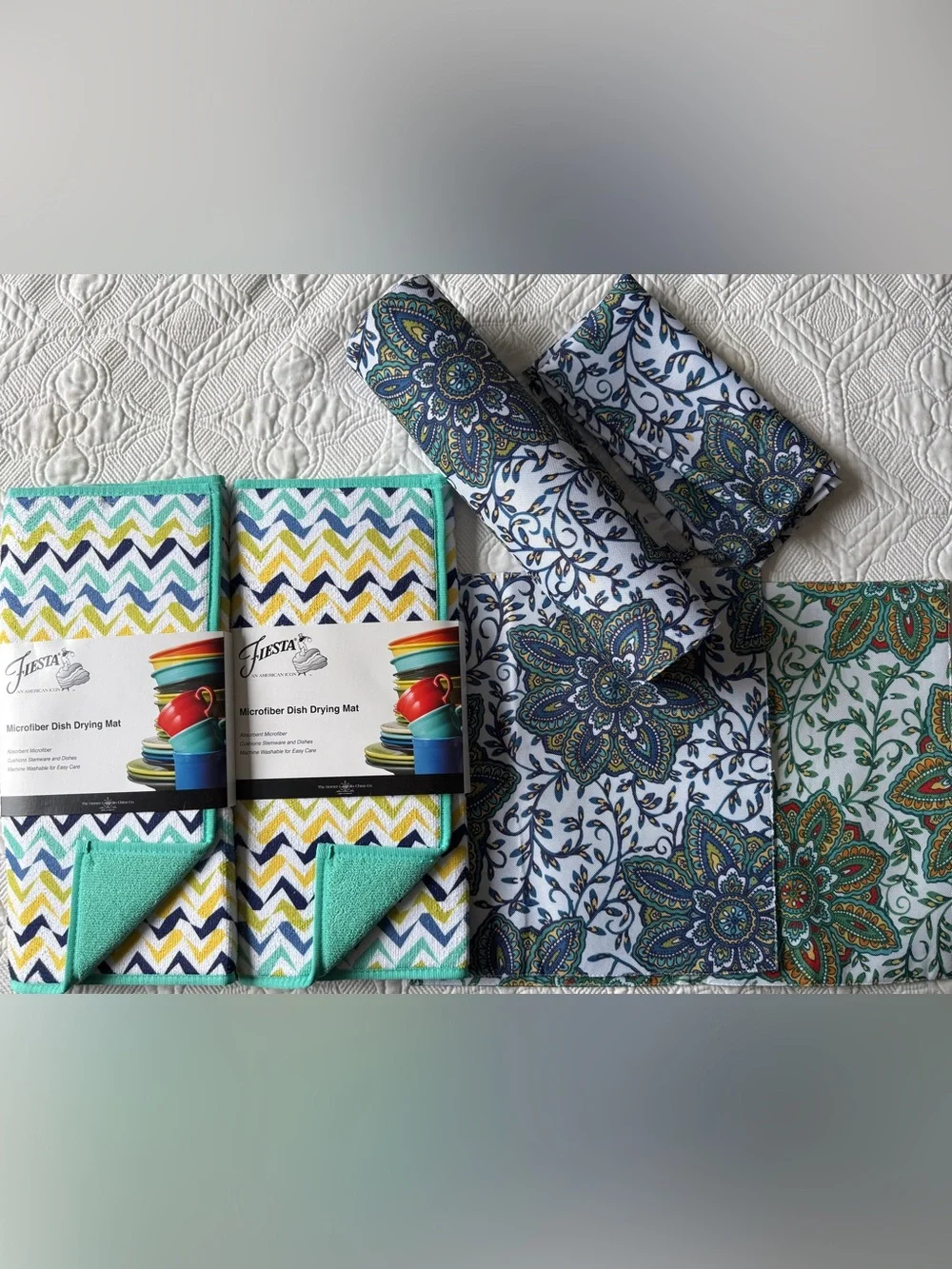 6 pc set Fiesta Chevron & Paisley Kitchen Linen Set in Teal, Yellow, Navy, White